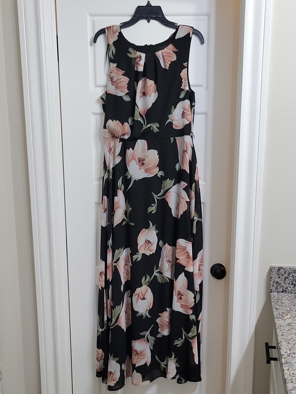 Chetta B Black Maxi Dress with Blush Floral Motif